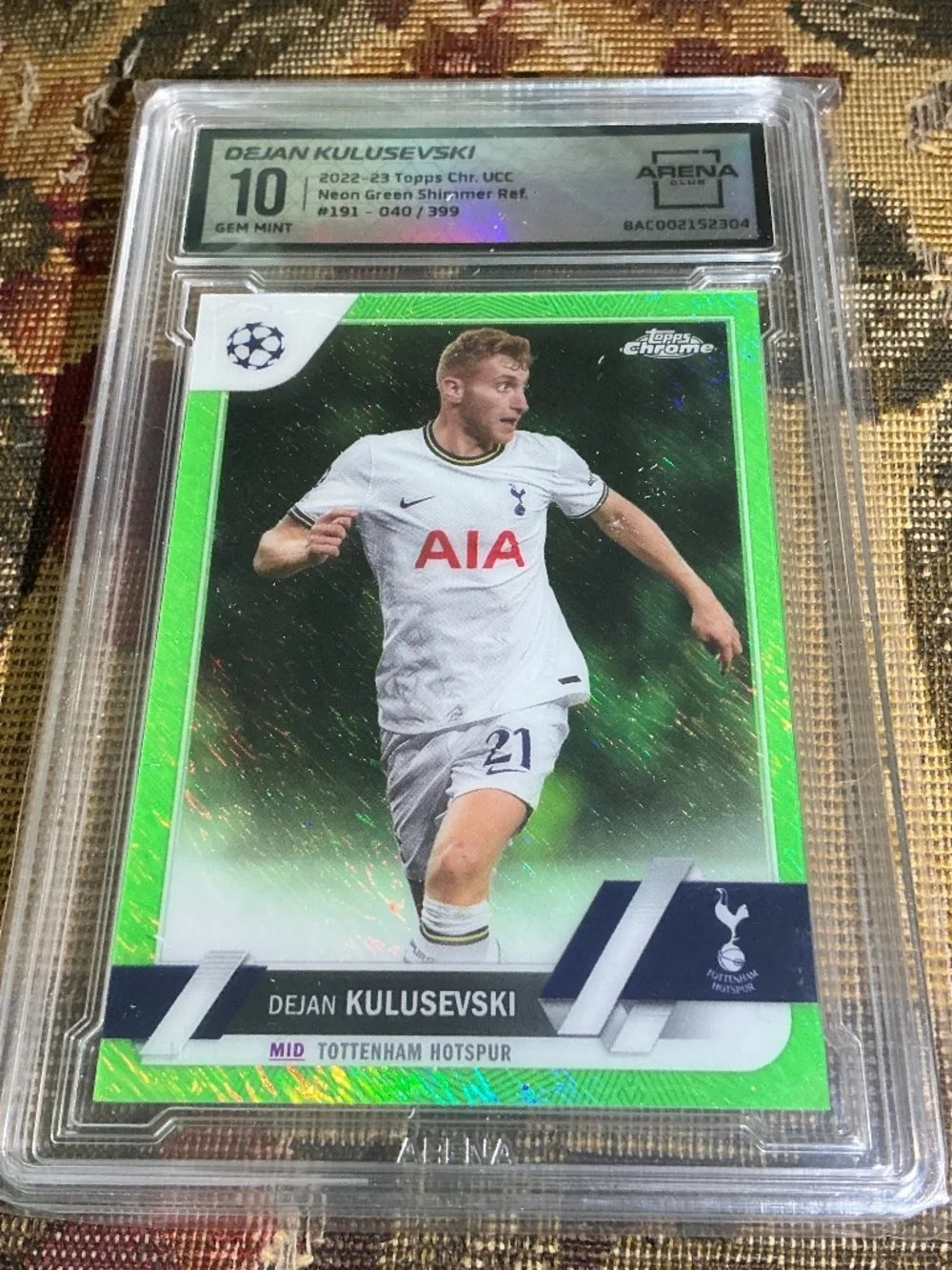 2022 Topps Chrome Dejan Kulusevski #19 Neon Green Shimmer /399 Graded Arena 10